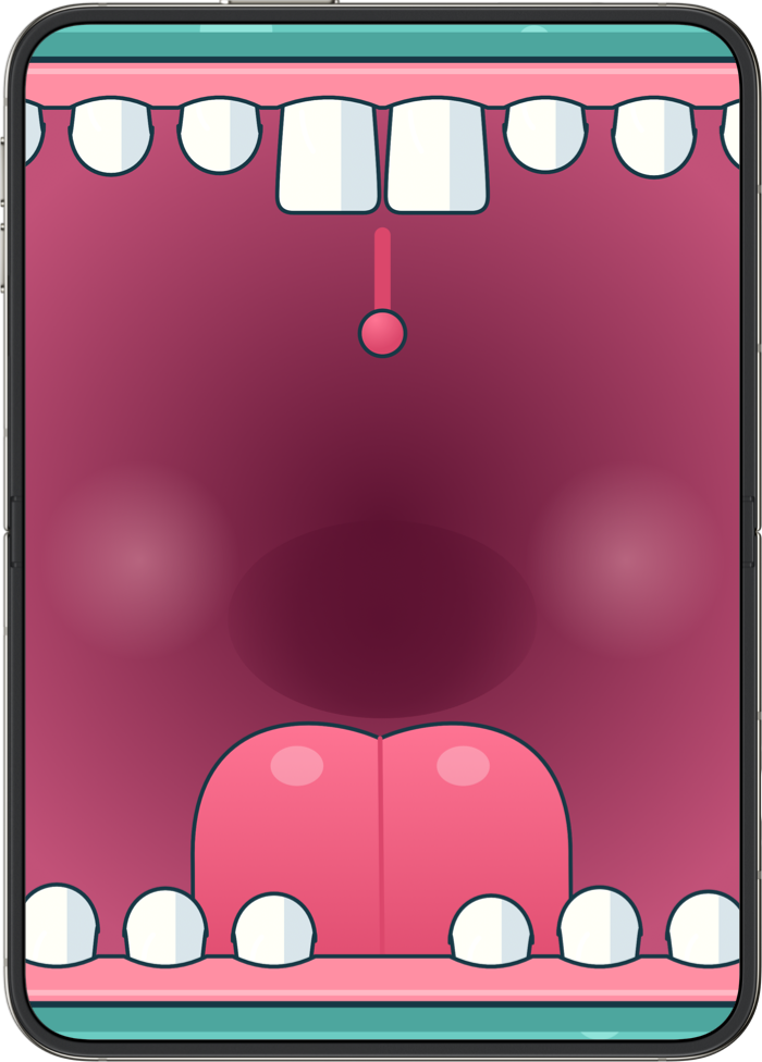 The Softie monster's mouth: buck teeth and a pink tongue on a teal hide