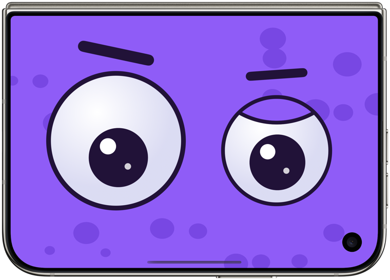The Cartoon monster's googly eyes on the cover screen of a closed iPhone Duo