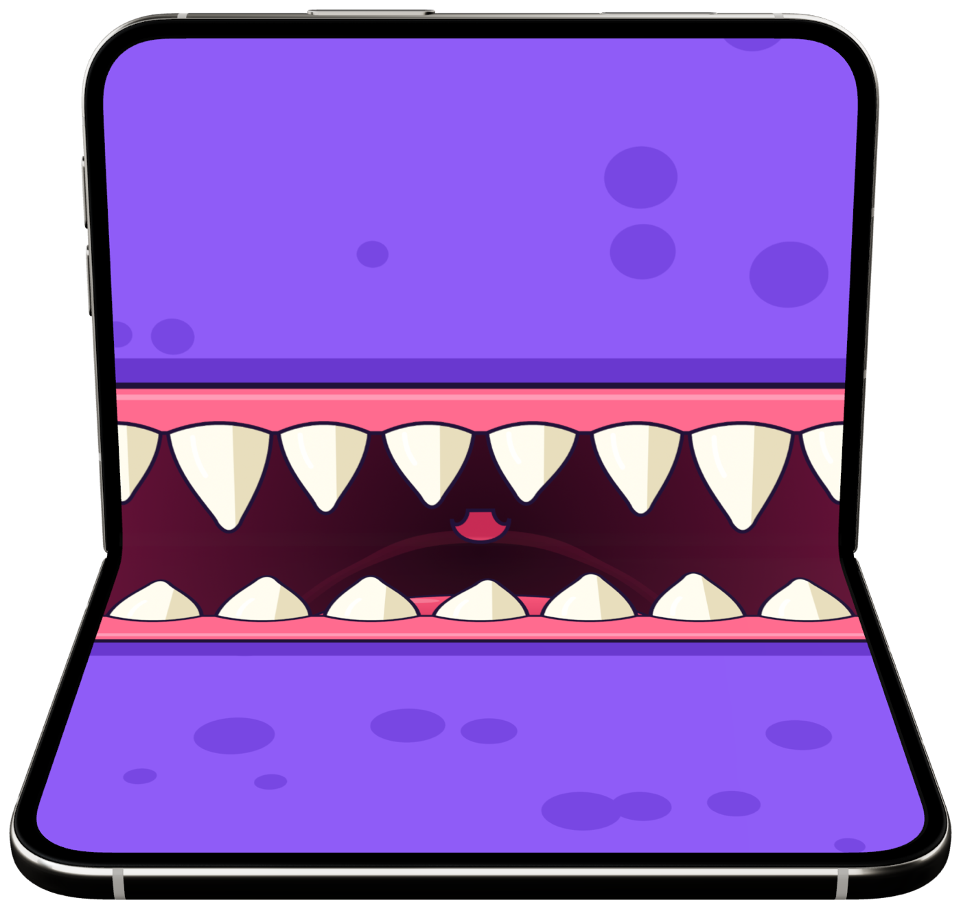 An iPhone Duo opened like a laptop as the Cartoon monster's mouth: a purple face with rows of white fangs along the hinge