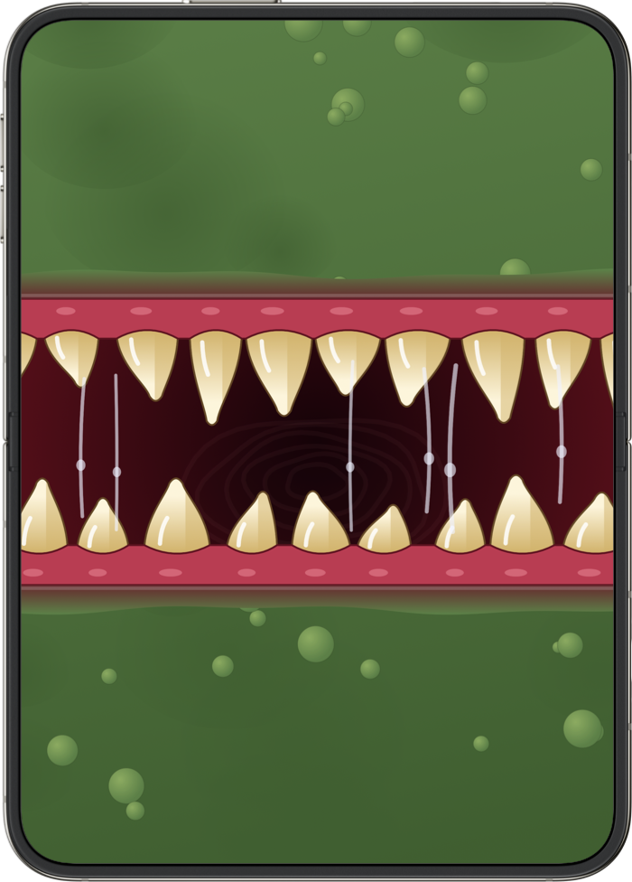 The Organic monster's slimy jaws apart on a half-folded iPhone Duo