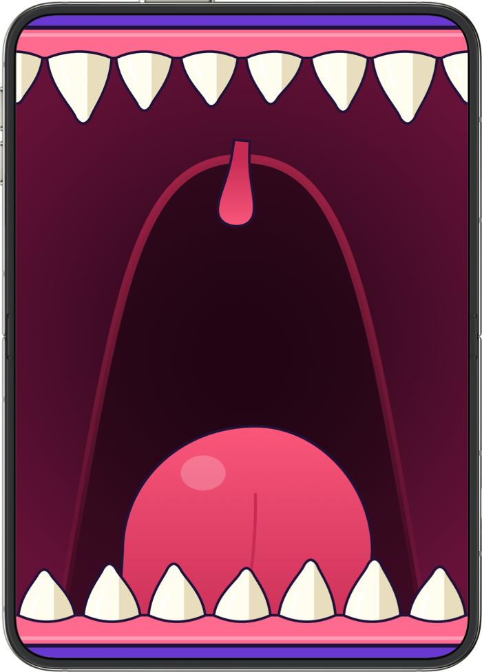 The same monster's wide-open mouth on the inside display of the open iPhone Duo