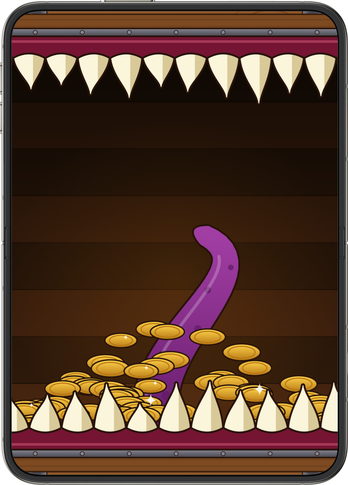 Inside the Mimic's mouth: a pile of gold coins and a purple tentacle